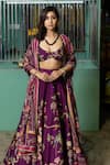 Buy_Irrau by Samir Mantri_Purple Dupion Printed And Hand Embroidered Tropical Vine Plunge Round Lehenga Set _Online_at_Aza_Fashions