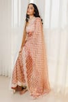 Buy_Paaprika_Peach Organza Leheriya And Embroidered Chevron Pattern & Thread Saree  _Online_at_Aza_Fashions