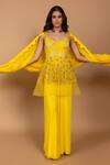 Buy_Varun Bahl_Yellow Georgette Embroidered Floral V Peplum Jumpsuit With Dupatta  _Online_at_Aza_Fashions