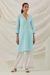 Buy_TIC_Blue Cotton Embroidered Chikankari V Neck Solid Kurta Pant Set _Online_at_Aza_Fashions