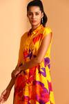 Buy_Moh India_Yellow Cupro And Copper Silk Leaf Spread Collar Button Down Tunic_Online_at_Aza_Fashions