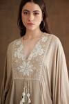 Buy_Nikasha_Beige Rayon Beads, Embroidery V-neck Yoke Kaftan Top And Baggy Pant Set _Online_at_Aza_Fashions