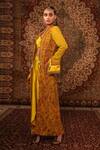 Buy_Aditi Gupta_Yellow Satin Woven And Embroidered Jamawar Pre-draped Pallu Saree With Blouse _Online_at_Aza_Fashions