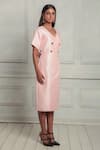 Buy_Couche_Pink Tussord Tweed Woven Plain V Neck Midi Dress  _Online_at_Aza_Fashions