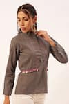 Buy_Zariya the Label_Grey Cotton Pintuck Mandarin Collar Bodice Top _Online_at_Aza_Fashions