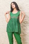 Buy_Tatwa_Green Chanderi, Viscose, Silk Embroidery Round Neck Pleated Top And Pant Set _Online_at_Aza_Fashions