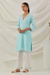 Buy_TIC_Blue Cotton Embroidered Chikankari V Solid Short Kurta With Lace Insert Palazzo _Online_at_Aza_Fashions