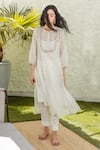 Buy_Tatwa_Ivory Viscose, Silk Sequins, Zari Round Neck Yoke Embroidered Kurta And Pant Set _Online_at_Aza_Fashions