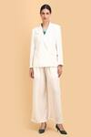 Buy_Label Ivish_Off White Satin, Organza, , Lapel Collar Blazer Flared Trouser Set _Online_at_Aza_Fashions