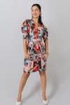 Buy_FUGA_Multi Color Italian Lycra Abstract Pattern V Neck Sheath Dress _Online_at_Aza_Fashions