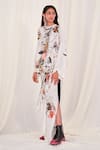 Buy_AK-OK_White Silk Embroidery Round Neck Flower And Ostrich Print Top With Skirt _Online_at_Aza_Fashions