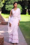 Buy_Tarini Vij_Pink Georgette Sequin Plunge V Neck Ruffle Layered Saree With Blouse _Online_at_Aza_Fashions