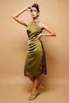 Buy_Ahi Clothing_Green Satin Sequin And Beads, Zardozi Halter Neck Dress _Online_at_Aza_Fashions