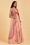 Buy_Aum By Asit And Ashima_Pink Silk Embroidery V-neck Sheer Placement Cape Sharara Set _Online_at_Aza_Fashions