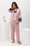 Buy_Dawn And Dusk_Pink Satin Camisole V Neck Robe And Pant Set  _Online_at_Aza_Fashions