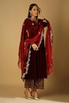 Monk & Mei_Maroon Kurta Velvet Embroidered Pearl And Zari Work V Zareen A-line Palazzo Set _Online_at_Aza_Fashions