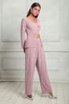 Buy_Couche_Pink Punto Woven Plain V Neck Crop Top And Pant Set  _Online_at_Aza_Fashions