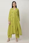 Buy_Musal_Green Cotton Linen Embroidery Leaf V Neck Tracey Kurta Pant Set _Online_at_Aza_Fashions