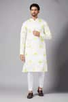 Hilo Design_White Linen Satin Embroidery Leaf Mogra Kurta Set _Online_at_Aza_Fashions