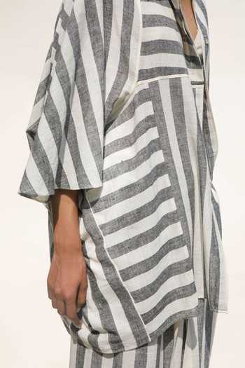 Buy_Urvashi Kaur_Black Handloom Cotton Collared Terra Stripe Pattern Asymmetric Shirt _Online_at_Aza_Fashions