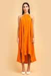 Buy_Label Ivish_Orange Silk Velvet Halter Neck Asymmetric Dress_Online_at_Aza_Fashions