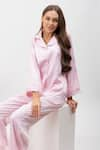 Buy_Dawn And Dusk_Pink Satin Collared Neck Rosette Feather Detailed Shirt And Pant Set  _Online_at_Aza_Fashions