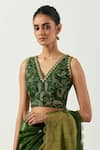 Buy_Label Earthen_Green Chanderi Silk Embroidered V Neck Hina Woven Saree With Blouse _Online_at_Aza_Fashions