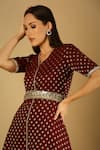 Buy_Monk & Mei_Maroon Velvet Embroidered Tamanna Asymmetric Kurta And Dhoti Pant Set _Online_at_Aza_Fashions