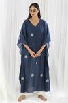 Buy_Khat_Blue Handloom Cotton V-neck Navy Polka Pattern Kaftan And Pant Set _Online_at_Aza_Fashions