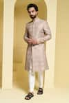 Buy_KUSTOMEYES_Beige Silk Embroidered Geometric Sherwani Set _Online_at_Aza_Fashions