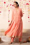 Buy_Marche_Peach Kurta And Pant  Cotton V Neck Kalidar Angrakha Set _Online_at_Aza_Fashions