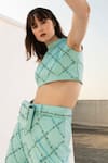 Buy_Sanchi Juneja_Blue Satin Crepe Embroidered Criss-cross Halter High-low Pant Set _Online_at_Aza_Fashions