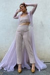 Buy_Masumi Mewawalla_Pink Organza Crop Top Asymmetric Jacket And Pant Set  _at_Aza_Fashions