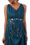 Buy_Meghna Shah_Blue Denim Beads, Stones V-neck Hand Embroidered Dress With Belt _Online_at_Aza_Fashions