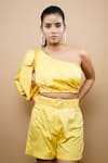 Buy_Ahi Clothing_Yellow 100% Cotton Plain Asymmetric Pleated Crop Top And Shorts Set _Online_at_Aza_Fashions