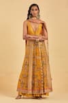 Buy_AUM by Asit and Ashima_Yellow Banarasi Silk Hand Embroidery Zardozi Plunge V Neck Anarkali And Skirt Set _Online_at_Aza_Fashions