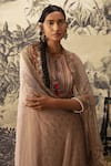 Buy_Kalista_Beige Crepe Printed And Embroidered Floral Keyhole Asmee Checkered Kurta Set _Online_at_Aza_Fashions
