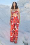 Buy_Tizzi_Red Chiffon, Satin Floral Print Straight Flared Pant_Online_at_Aza_Fashions