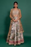 Buy_Varun Bahl_Beige Lehenga Chanderi Printed Floral Patterns V Neck Set  _Online_at_Aza_Fashions