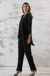 Buy_RANNA GILL_Black Crepe Applique Feather Shawl Collar Bell Sleeve Top _Online_at_Aza_Fashions