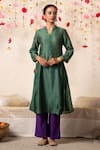Buy_Marche_Emerald Green Kurta : Chanderi V Neck A-line And Pant Set For Women_Online_at_Aza_Fashions