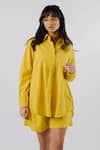 Buy_Tussah by Siddhi Shah_Yellow Cotton Plain Collared Neck Solid Back Tie-up Shirt And Shorts Set  _Online_at_Aza_Fashions