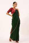 Buy_Zariya the Label_Green Saree Paper Silk Handblock Print Placed Patch Pre-draped With Blouse _Online_at_Aza_Fashions