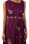 Buy_Meghna Shah_Wine Denim Beads, Stones Asymmetric Hand Embroidered Cowl Dress With Belt _Online_at_Aza_Fashions