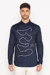 Buy_Lacquer Embassy_Blue Cotton Satin Embroidery Abstract Line Bevis Shirt  _Online_at_Aza_Fashions