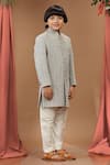 Buy_Kora By Nilesh Mitesh_Grey Silk Embroidered Thread Work Sherwani Set _Online_at_Aza_Fashions