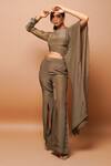 Buy_Ahi Clothing_Green Crepe Embroidery, Cut Work, Asymmetric Sleeve Top And Bell Bottoms Pant Set _Online_at_Aza_Fashions