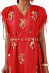 Buy_Meghna Shah_Red Silk Beads, Stones V-neck Hand Embroidered Draped Cowl Dress _Online_at_Aza_Fashions