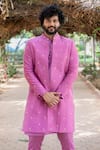 Buy_Hilo Design_Purple Dupion Silk Embroidery Checkered Sherwani Set _Online_at_Aza_Fashions