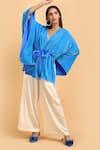 Buy_Label Ivish_Blue Silk V-neck Kimono Jacket And Trouser Set With Belt _Online_at_Aza_Fashions